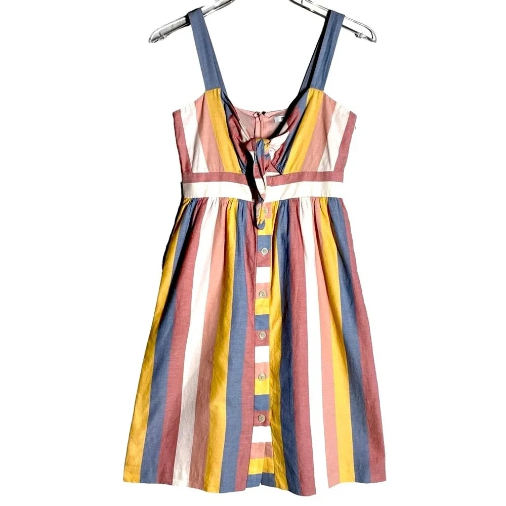 MADEWELL DRESS SIZE 0 STRIPED FRONT TIE CUTOUT MIDI BLUE PINK YELLOW SHE… - Picture 3 of 13
